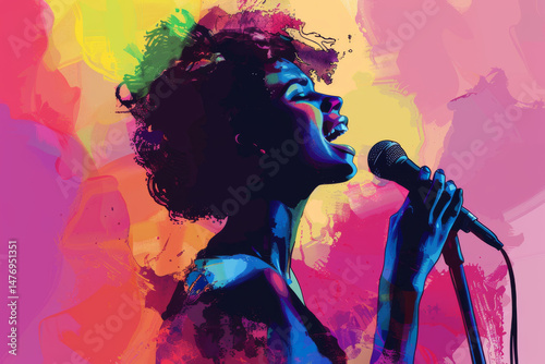Illustration of a female singer singing into a microphone on a colorful bright background