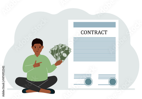 A man receives money for a deal. Next to it is a large contract with seals. The concept of a financial agreement, signing a contract or a deal.