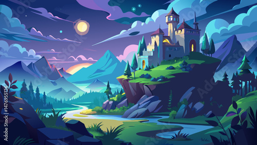 Fantasy landscape with medieval castle on the hillside at night Very beautiful,
