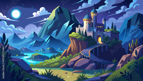 Fantasy landscape with medieval castle on the hillside at night Very beautiful,