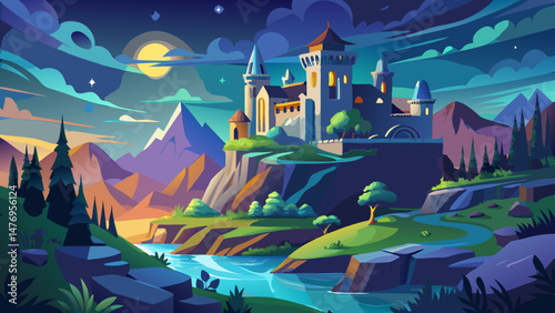 Fantasy landscape with medieval castle on the hillside at night Very beautiful,