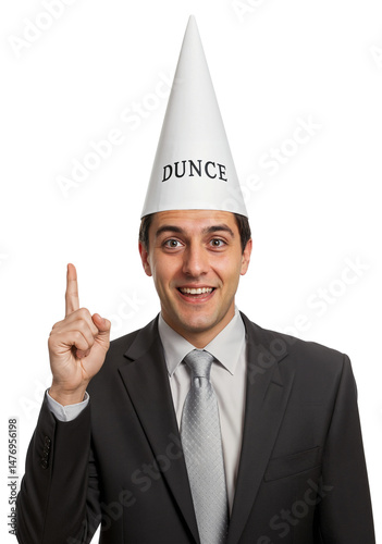Humorous image of a smiling businessman with 'DUNCE' dunce hat and raised finger, comic expression. PNG, transparent background