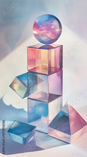 Pastel glass shapes balanced, serene light.
