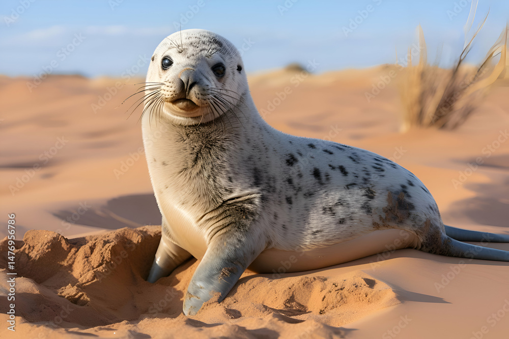 Fototapeta premium A Curious Seal Pup in a Desert Setting