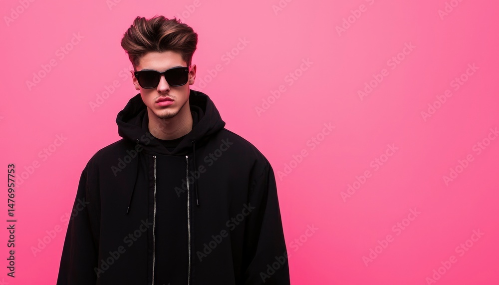 Fototapeta premium Stylish young man in black hoodie and sunglasses