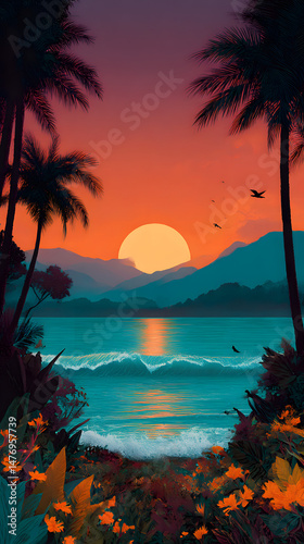 Tropical sunset paints the sky orange over the beach with palm tree silhouettes as the sun dips below the seaTropical sunset paints the sky orange over the beach with palm tree silhouettes as the sun