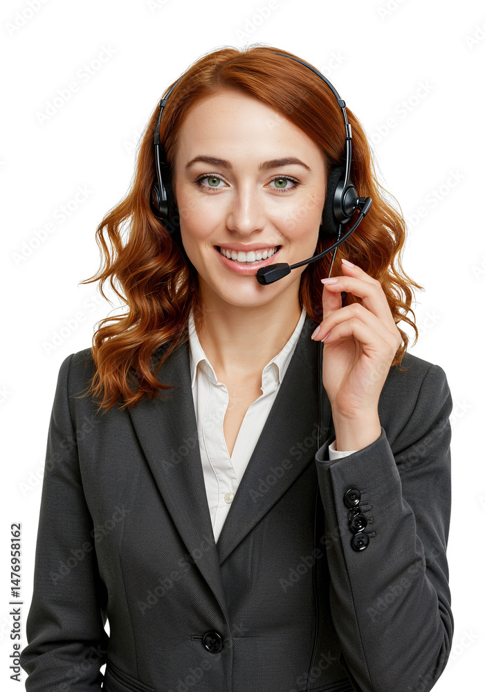 Smiling call center operator or customer assistant with red hair, headphones and microphone. PNG, transparent background Smiling call center operator or customer assistant with red hair, headphones and microphone. PNG, transparent background