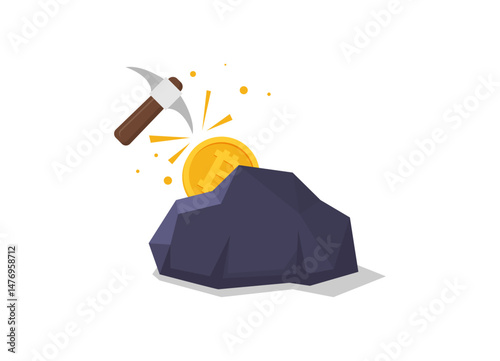 Bitcoin mining concept with pickaxe and coin flat vector