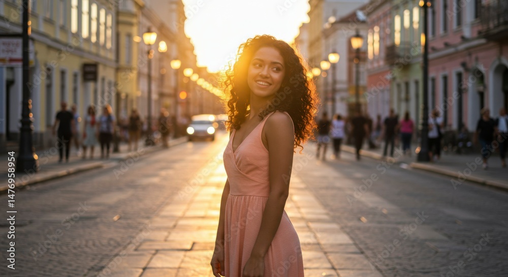 Fototapeta premium Woman in peach dress on city street at sunset