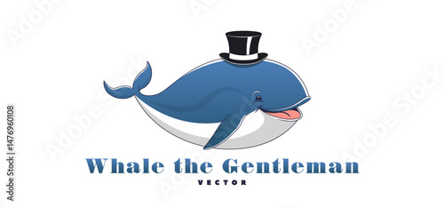 Vector cartoon funny chubby smiling kind whale gentleman in black top hat. Toon huge sea mammal. Amusing cetacean plump animal. Isolated white background.