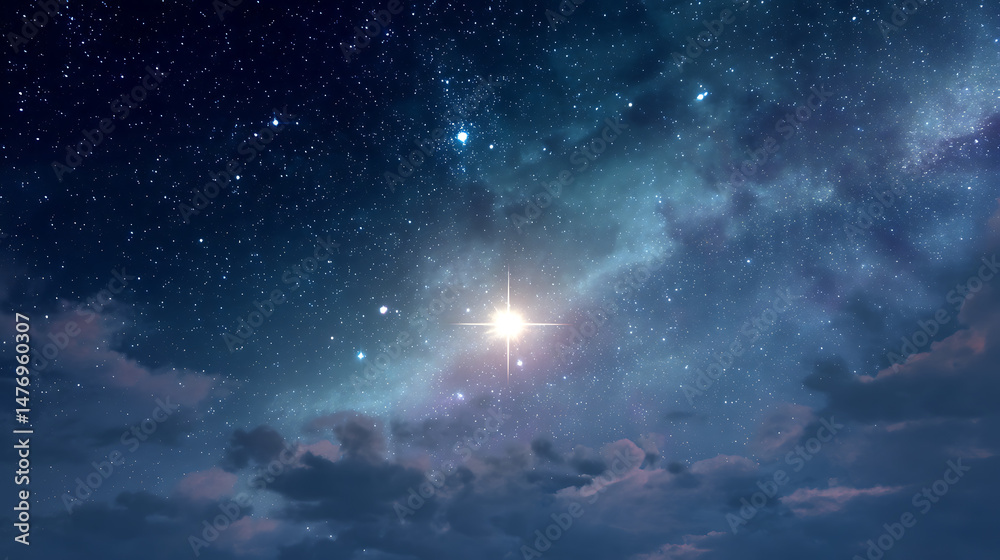 Fototapeta premium Starry Night Sky with Bright Celestial Body Over Soft Clouds and Distant Galaxy