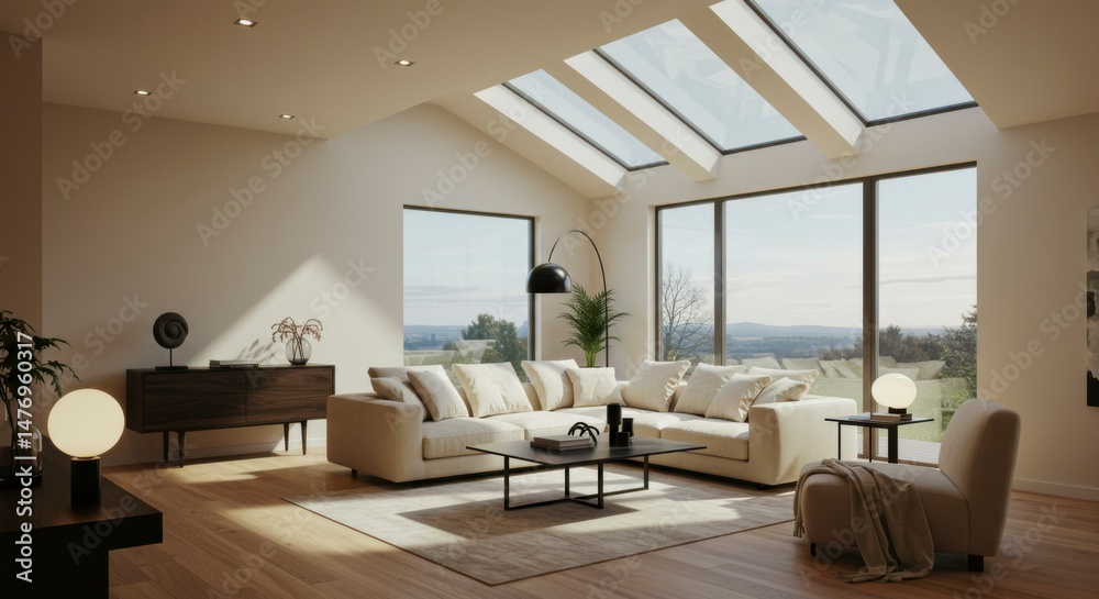 Fototapeta premium Modern living room with large windows (1)