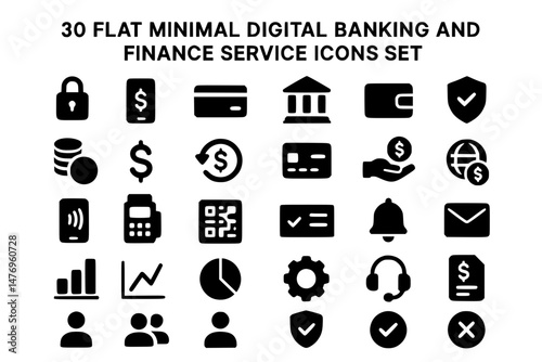 30 Flat Minimal Digital Banking and Finance Service Icons – Black Silhouette Vector Set