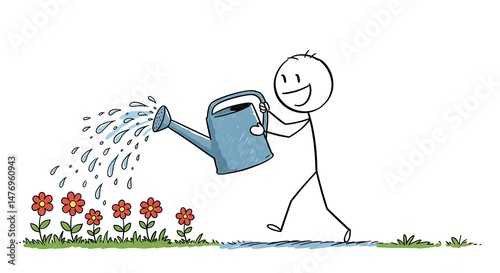 Whimsical stick figure watering vibrant blossoms with cheerful enthusiasm