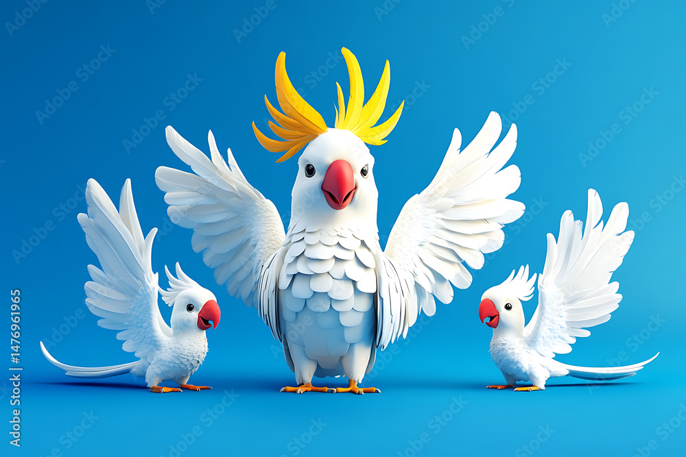 Fototapeta premium Three colorful cartoon parrots with vibrant feathers and playful expressions against a bright blue background