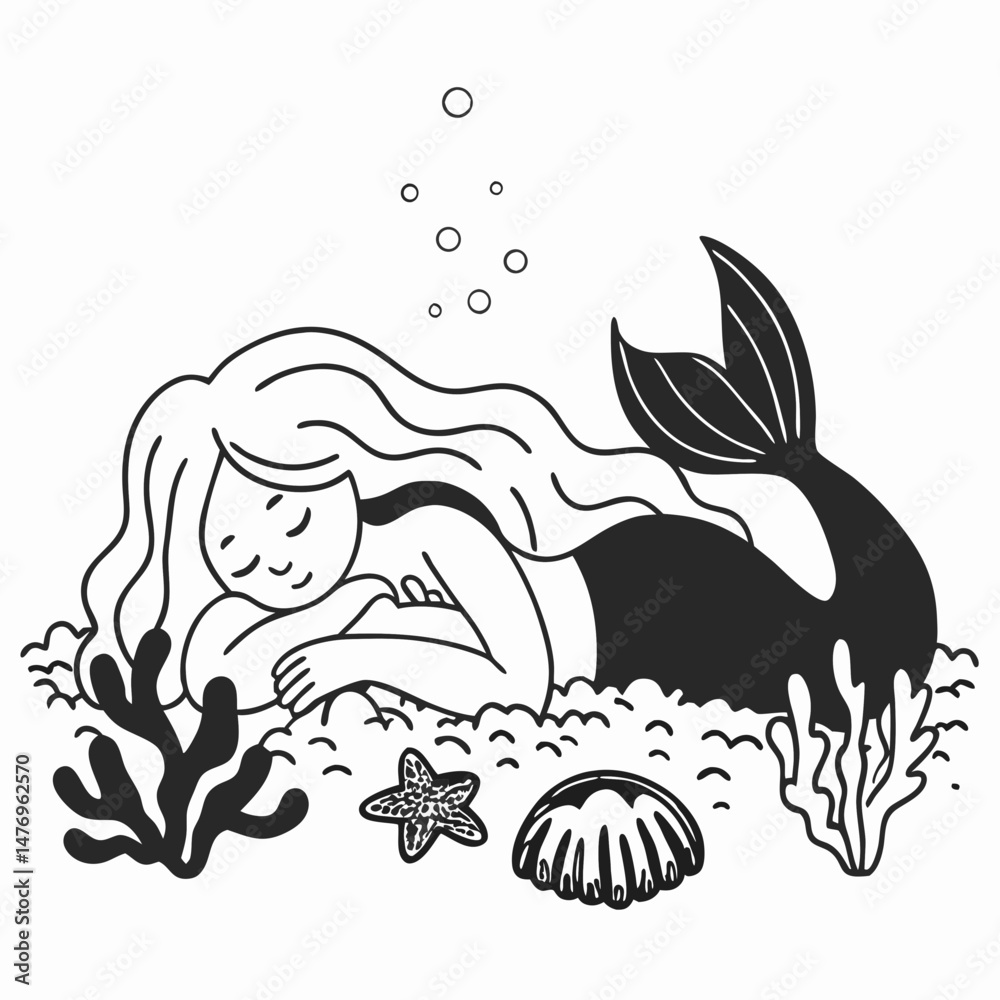 Fototapeta premium Cute little mermaid underwater animals Vector Art