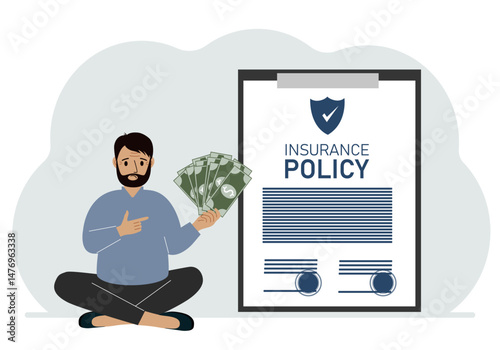 A man holds cash in his hands next to a large insurance policy. The concept of registration and payments under the insurance policy.