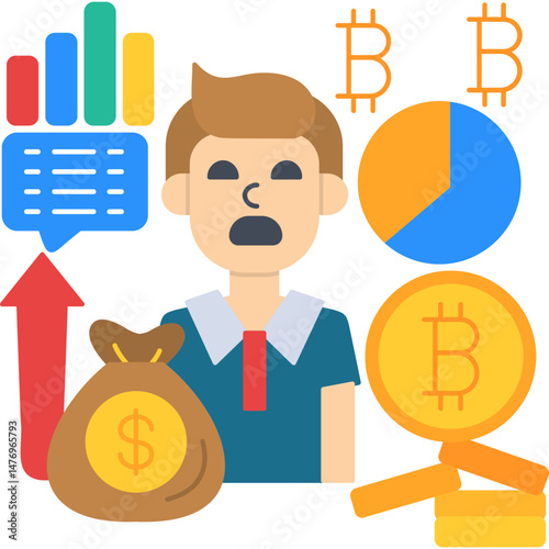 Crypto Investment Strategy Icon � Investor with Bitcoin, Growth Chart, and Money Bag