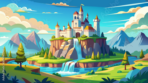 Majestic castle surrounded by open field, under clear sky, A whimsical fairytale castle perched on a cliff overlooking a waterfall