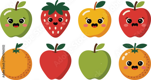Adorable cartoon fruits with smiling faces representing freshness and healthy eating habits