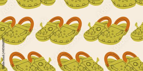 Seamless pattern with different summer cute green beach slippers. Endless texture with fashionable and stylish home shoes for print. Colored flat vector illustration.
