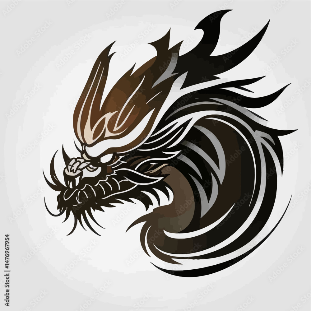 Naklejka premium Brown-and-Black-Dragon-Vector-Illustration-Detailed-Dragon-Head-with-Sharp-Features-Mystical-Creature-Art-Dragon-Symbol-for-Design-Projects