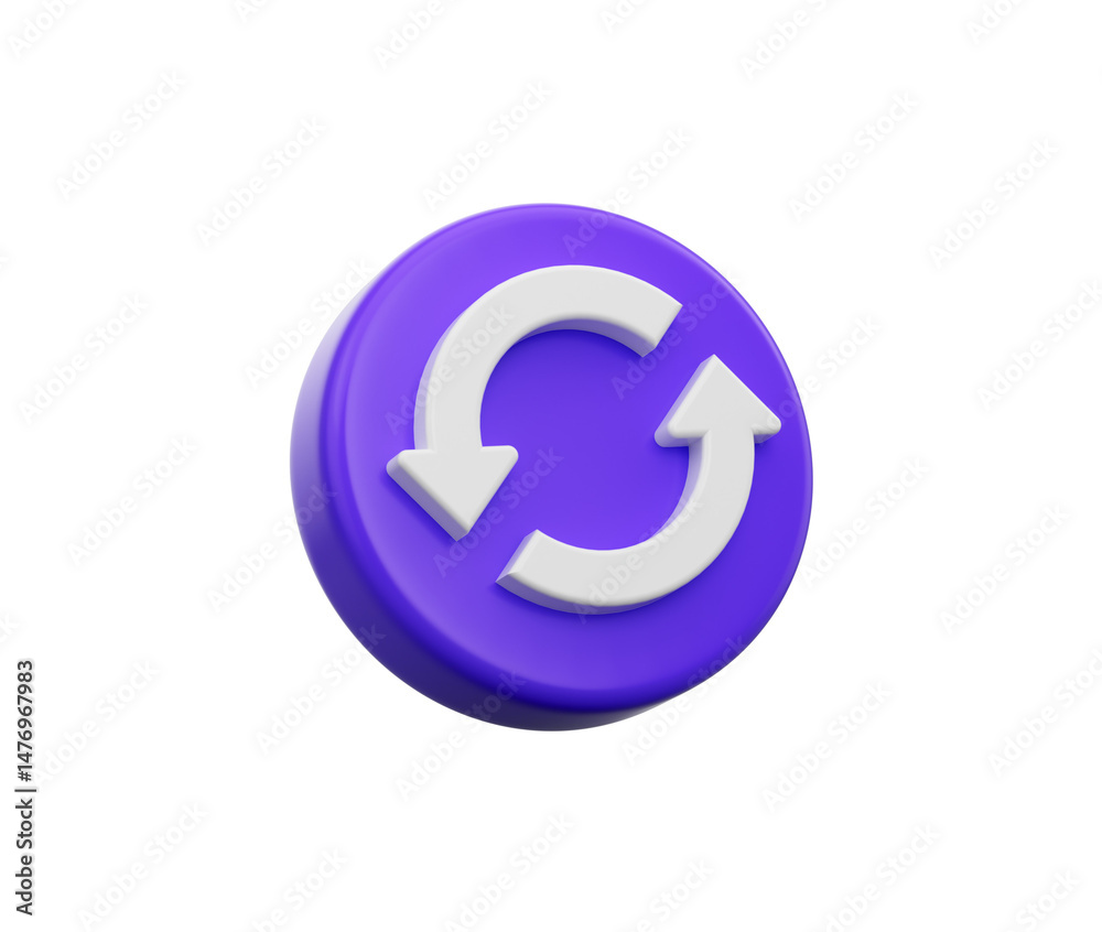 Purple circular button with a white refresh icon featuring two curved arrows, 3d illustration Purple circular button with a white refresh icon featuring two curved arrows, 3d illustration