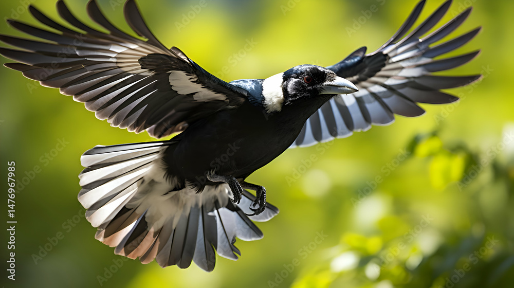 Naklejka premium Black And White Bird In Flight Against Green Background