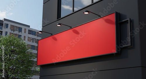 Contemporary red signage mockup adorning modern building facade in urban environment