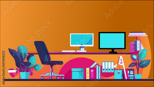 Creative-Office-Space-Illustration-Modern-Desk-Setup-with-Plants-Computers-and-Organized-Files-Workspace-Design-for-Productivity-and-Inspiration