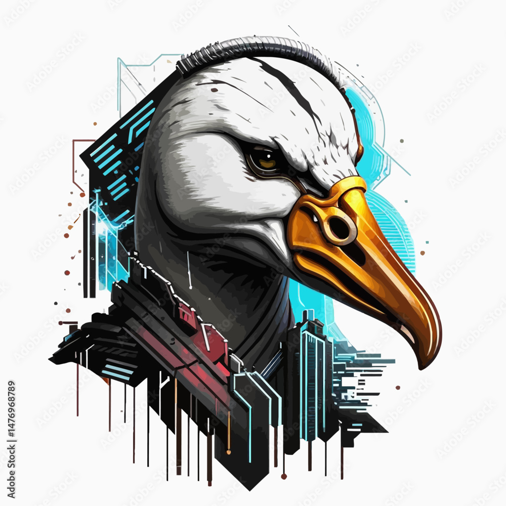 Fototapeta premium Cyberpunk-Goose-Art-Digital-Illustration-Futuristic-Bird-Design-Animal-Portrait-Geometric-Background-Modern-Artwork-Cool-Goose-Image-Detailed-Art-White-Goose-with-Gold-Beak