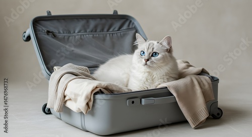 White cat curled up in open suitcase with clothes, neutral background