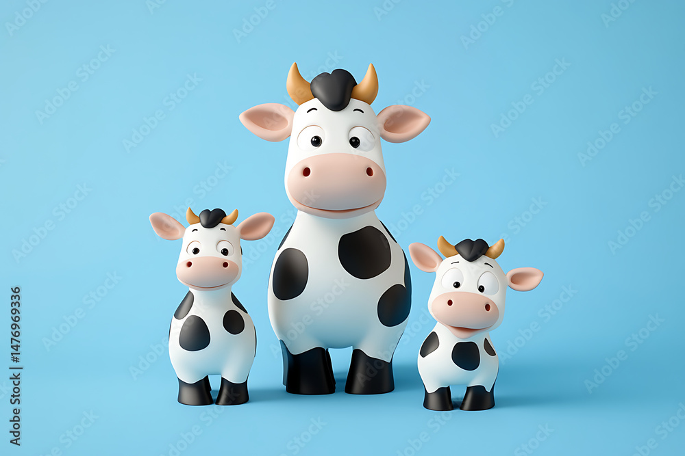 Obraz premium Three cartoon cows, a parent and two calves, standing together on a blue background, cheerful mood