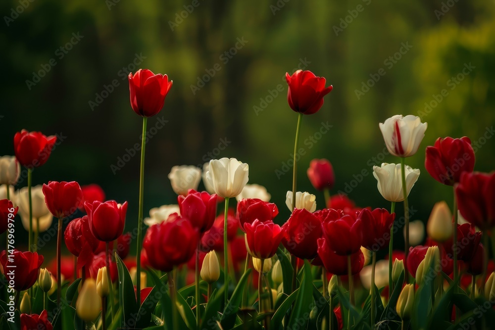 Obraz premium Beautiful red and white tulips blooming in a garden during a sunny spring day