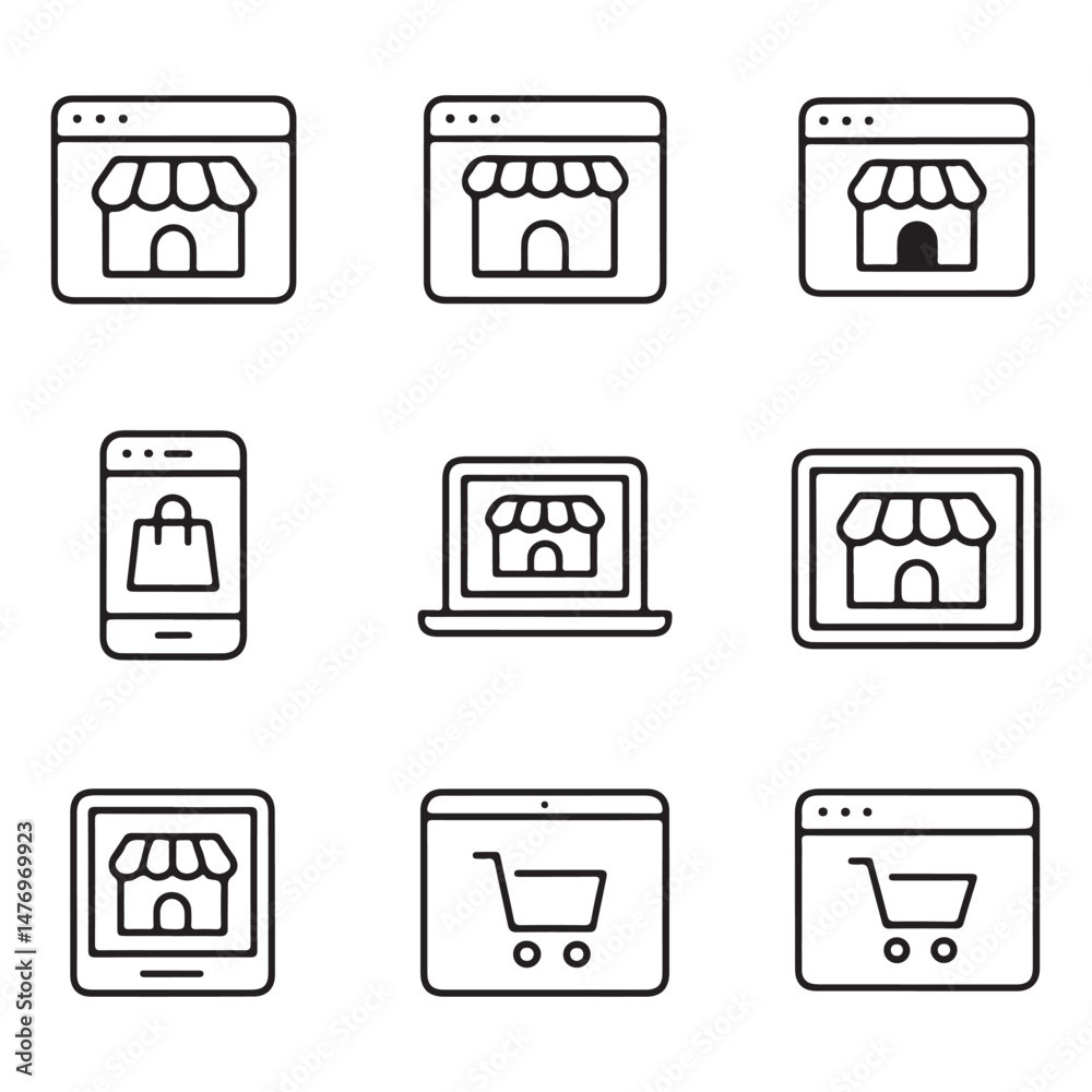 Shop window icons set. E-commerce Platforms: Diverse Online Shopping Interfaces
Shop window icons set. E-commerce Platforms: Diverse Online Shopping Interfaces