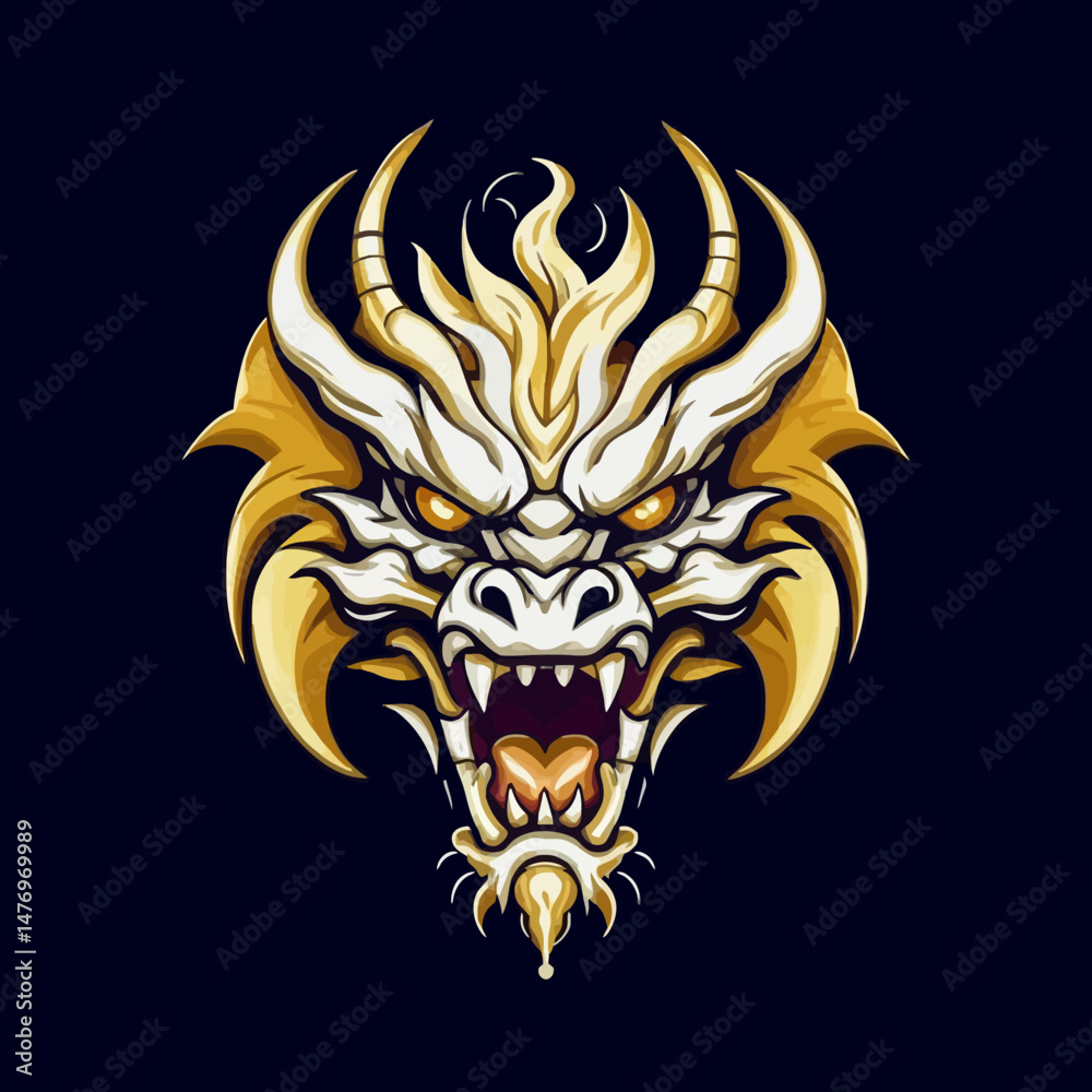 Fototapeta premium Golden-Dragon-Head-Illustration-Detailed-Vector-Art-Mythical-Creature-Design-Fantasy-Art-Asian-Dragon-Artwork-Powerful-Dragon-Image-Dragon-Head-Symbol