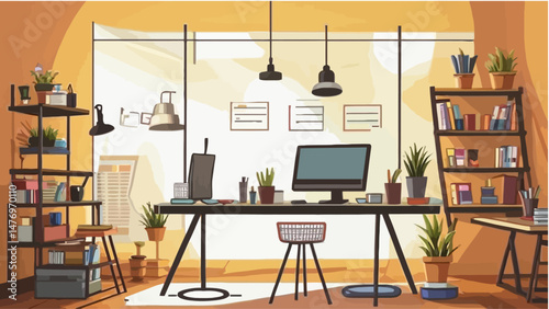 illustrated-home-office-setup-with-desk-chair-shelves-books-plants-computer-monitors-lamps-creating-a-cozy-and-productive-workspace