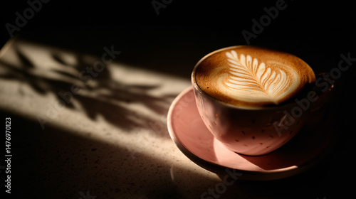 Pink cup with latte art, coffee in the morning sunlight.