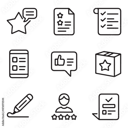 Product review icons set. Vector icons depicting customer feedback and reviews
