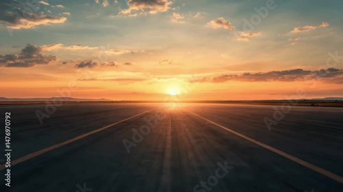 Stunning Sunset over a Runway Asphalt Road at Golden Hour Perfect for Travel or Transportation Themes