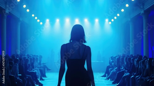 Woman model walking runway fashion show blue lights audience back view