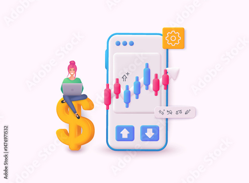 phonefinanceStock market trading concept, trader make profit with investment trading, stock market growth. 3D Web Vector Illustrations.
