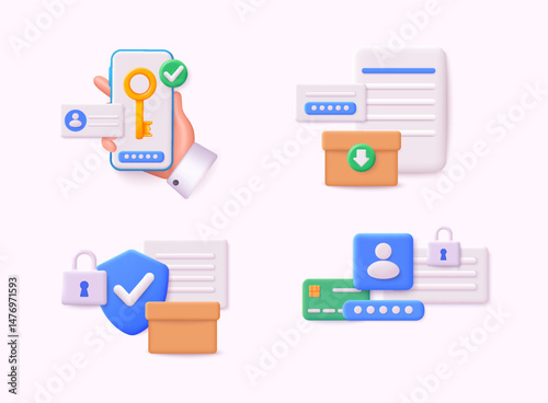 Set of security system object. Login and safe concept. Mobile phone with passcode screen and face recognition app icon. 3D Web Vector Illustrations.