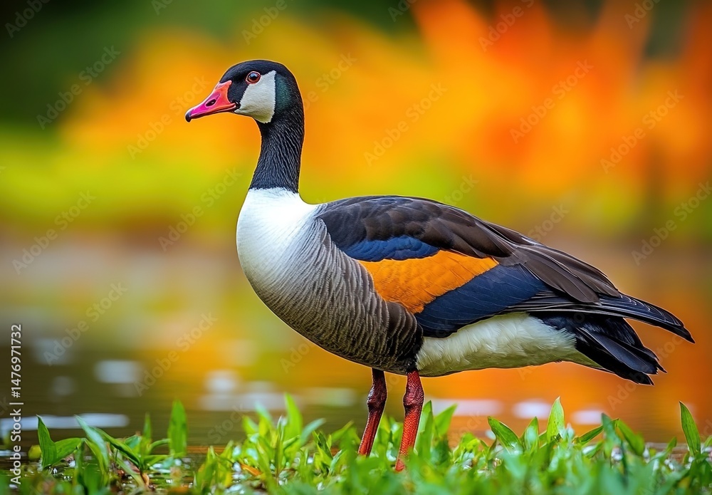 Obraz premium A colorful duck standing on one leg by water with a blurred warm-green background.