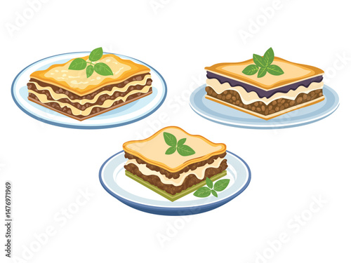 vector illustration of a greece food Moussaka (Baked Eggplant, Minced Meat, and Béchamel Sauce)