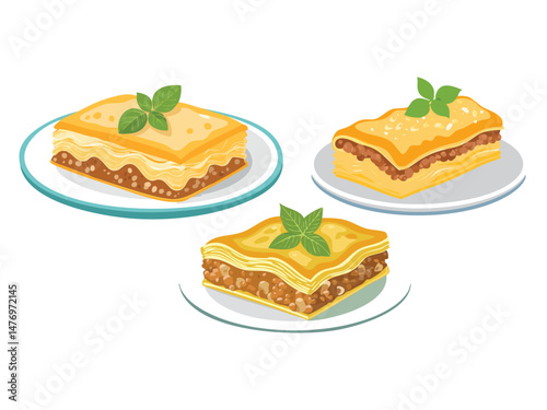 vector illustration of a greece food Pastitsio (Baked Pasta with Minced Meat and Béchamel Sauce)