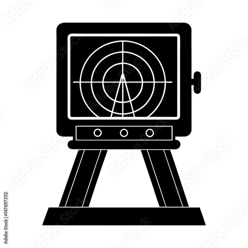 Illustration of a vintage radar screen with concentric circles and a sweeping line on a black stand