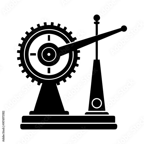 Illustration of a black and white mechanical device with a gear and lever on a platform stand