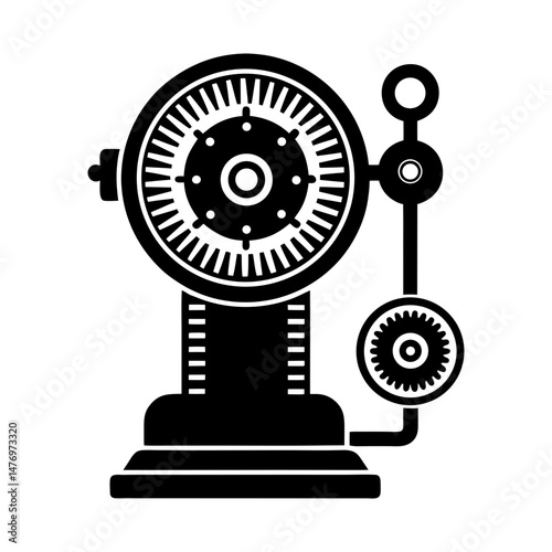 Illustration of a vintage mechanical device with gears and circular components in black and white style
