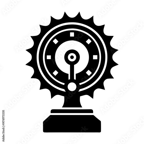 Illustration of a black device with a spiky wheel and a central rotating arm on a pedestal base